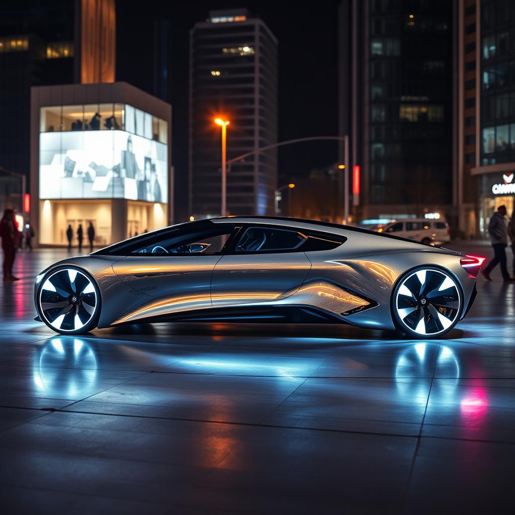 A futuristic concept car with a sleek, aerodynamic body design, glowing accents, and advanced technology features