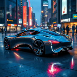 A futuristic concept car with a sleek, aerodynamic body design, glowing accents, and advanced technology features