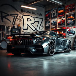 A sleek and powerful Mercedes-Benz R7 car parked inside a super cool and stylish garage