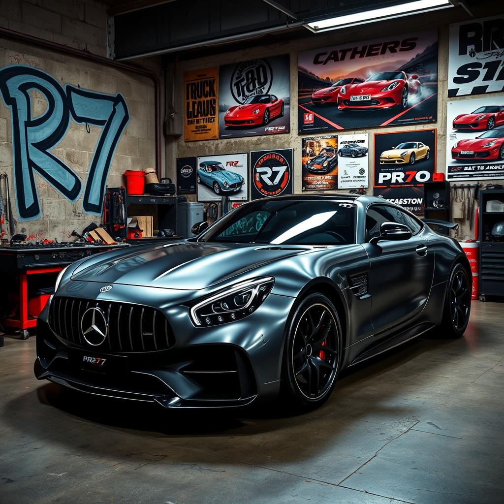 A sleek and powerful Mercedes-Benz R7 car parked inside a super cool and stylish garage