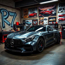 A sleek and powerful Mercedes-Benz R7 car parked inside a super cool and stylish garage