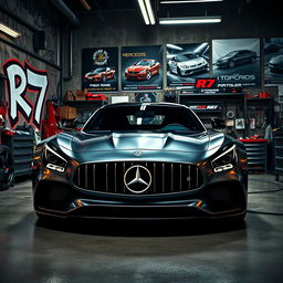 A sleek and powerful Mercedes-Benz R7 car parked inside a super cool and stylish garage