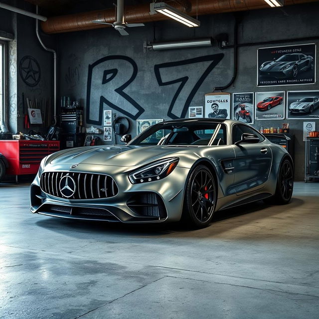 A sleek and powerful Mercedes-Benz R7 car parked inside a super cool and stylish garage