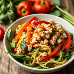 A delicious bowl of zoodles (zucchini noodles) topped with bright colored minced chicken, fresh spinach leaves, and vibrant colored peppers (red, yellow, and green)