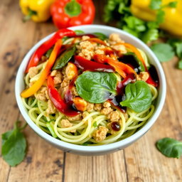 A delicious bowl of zoodles (zucchini noodles) topped with bright colored minced chicken, fresh spinach leaves, and vibrant colored peppers (red, yellow, and green)