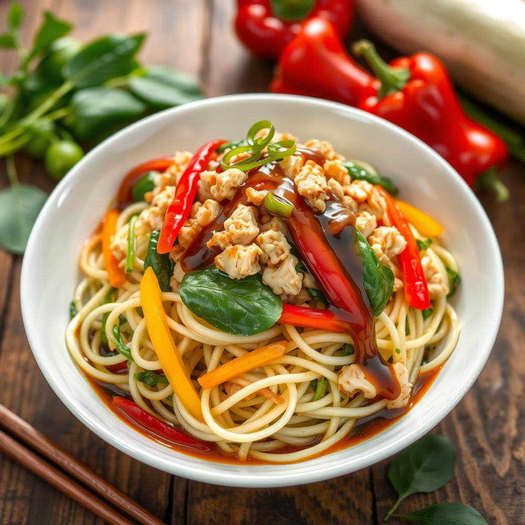 A delicious bowl of zoodles (zucchini noodles) topped with bright colored minced chicken, fresh spinach leaves, and vibrant colored peppers (red, yellow, and green)