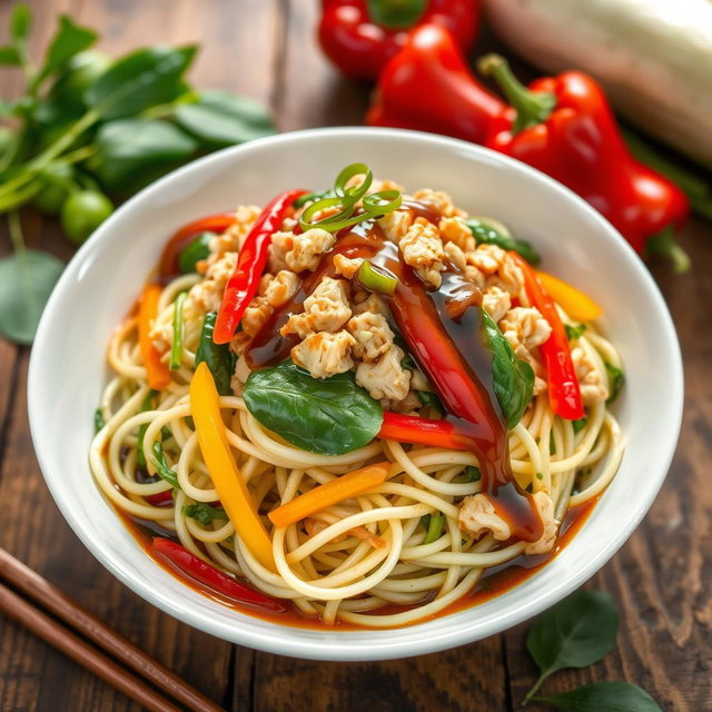 A delicious bowl of zoodles (zucchini noodles) topped with bright colored minced chicken, fresh spinach leaves, and vibrant colored peppers (red, yellow, and green)