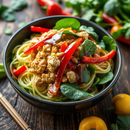 A delicious bowl of zoodles (zucchini noodles) topped with bright colored minced chicken, fresh spinach leaves, and vibrant colored peppers (red, yellow, and green)
