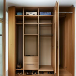 An intricately designed wooden wardrobe, spacious enough to contain clothing and shoes for two individuals.