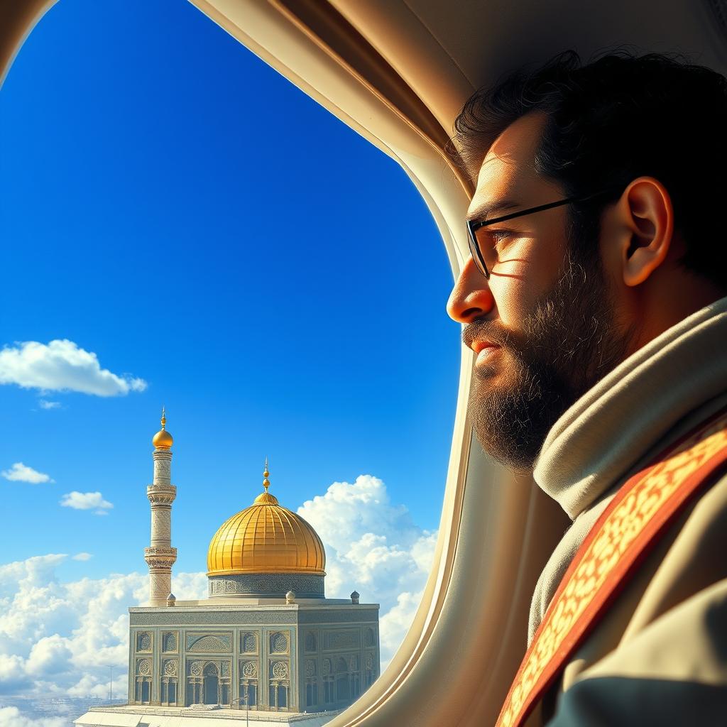 A surreal and spiritual scene of Mustafa Mousavi, a martyr and defender of the Holy Shrine, depicted with a thoughtful and reverent expression while looking out the left window of an airplane