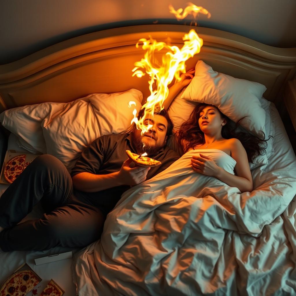 A man lying in bed, enjoying a slice of pizza, suddenly caught in a humorous predicament as his cigarette ignites the sheets, flames sparking around him