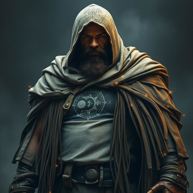 A tall and sturdy figure with a massive build, partially hidden face under a hood adorned with intricate diagrams of code architecture
