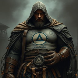 A tall and sturdy figure with a massive build, partially hidden face under a hood adorned with intricate diagrams of code architecture