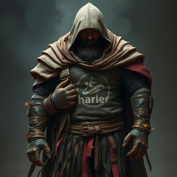 A tall and sturdy figure with a massive build, partially hidden face under a hood adorned with intricate diagrams of code architecture