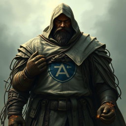 A tall and sturdy figure with a massive build, partially hidden face under a hood adorned with intricate diagrams of code architecture