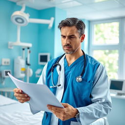 A determined doctor in a bright, modern hospital environment, wearing a blue medical scrub and a white lab coat