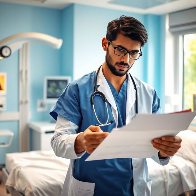 A determined doctor in a bright, modern hospital environment, wearing a blue medical scrub and a white lab coat