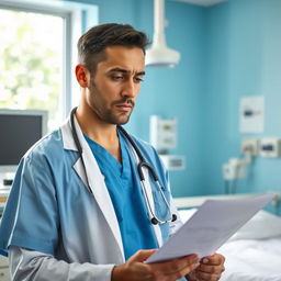 A determined doctor in a bright, modern hospital environment, wearing a blue medical scrub and a white lab coat