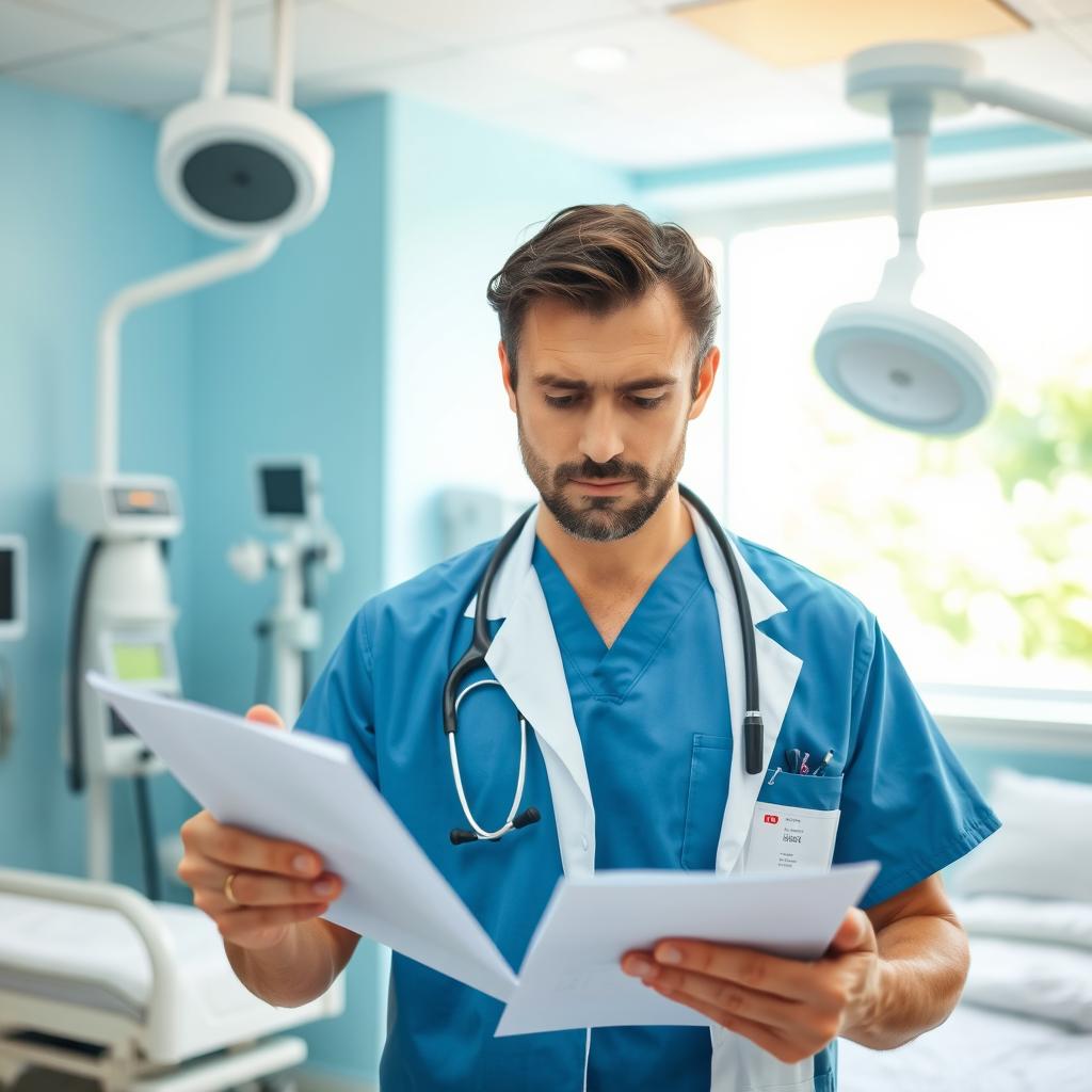A determined doctor in a bright, modern hospital environment, wearing a blue medical scrub and a white lab coat
