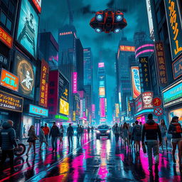 A vibrant cyberpunk cityscape at night, bustling with neon lights and futuristic architecture