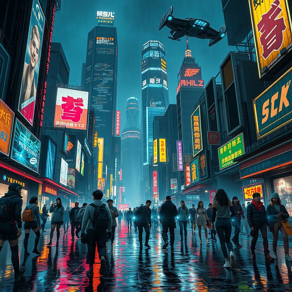 A vibrant cyberpunk cityscape at night, bustling with neon lights and futuristic architecture