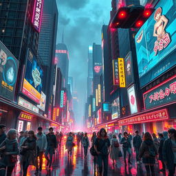 A vibrant cyberpunk cityscape at night, bustling with neon lights and futuristic architecture