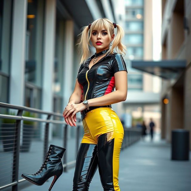 a fashionable young woman with blonde hair styled in playful pigtails, showcasing a petite frame, dressed in a vibrant and stylish latex outfit that highlights her edgy sense of fashion, posed confidently in a chic urban environment with modern architecture in the background, complementing the look with bold makeup featuring bright lipstick and expressive eye makeup, accessorized with trendy high-heeled boots and eye-catching accessories