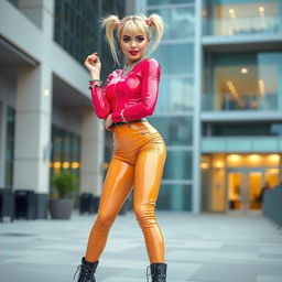 a fashionable young woman with blonde hair styled in playful pigtails, showcasing a petite frame, dressed in a vibrant and stylish latex outfit that highlights her edgy sense of fashion, posed confidently in a chic urban environment with modern architecture in the background, complementing the look with bold makeup featuring bright lipstick and expressive eye makeup, accessorized with trendy high-heeled boots and eye-catching accessories