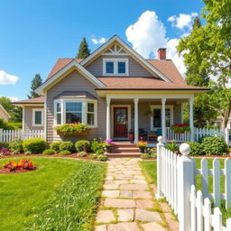 A cozy and inviting house showcasing a beautiful front yard, with lush green grass, colorful flower beds, and a white picket fence