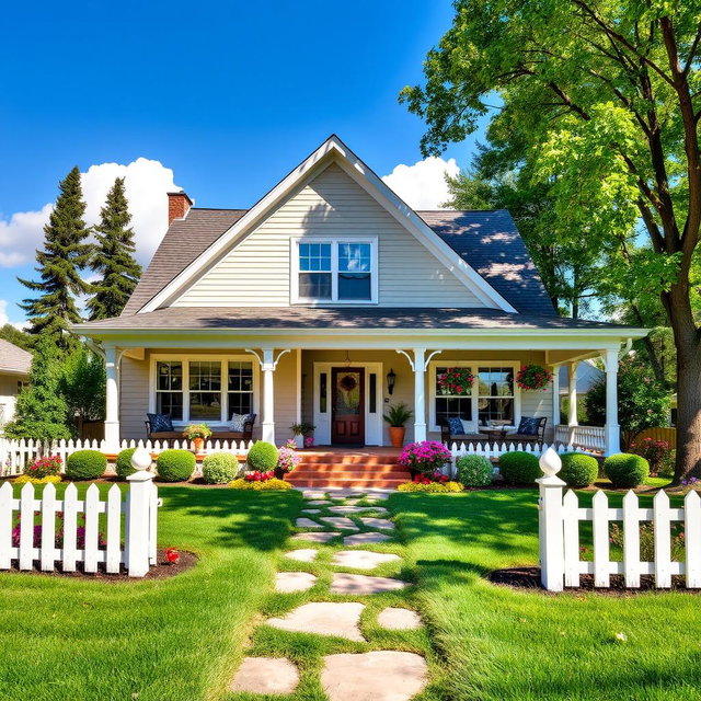 A cozy and inviting house showcasing a beautiful front yard, with lush green grass, colorful flower beds, and a white picket fence