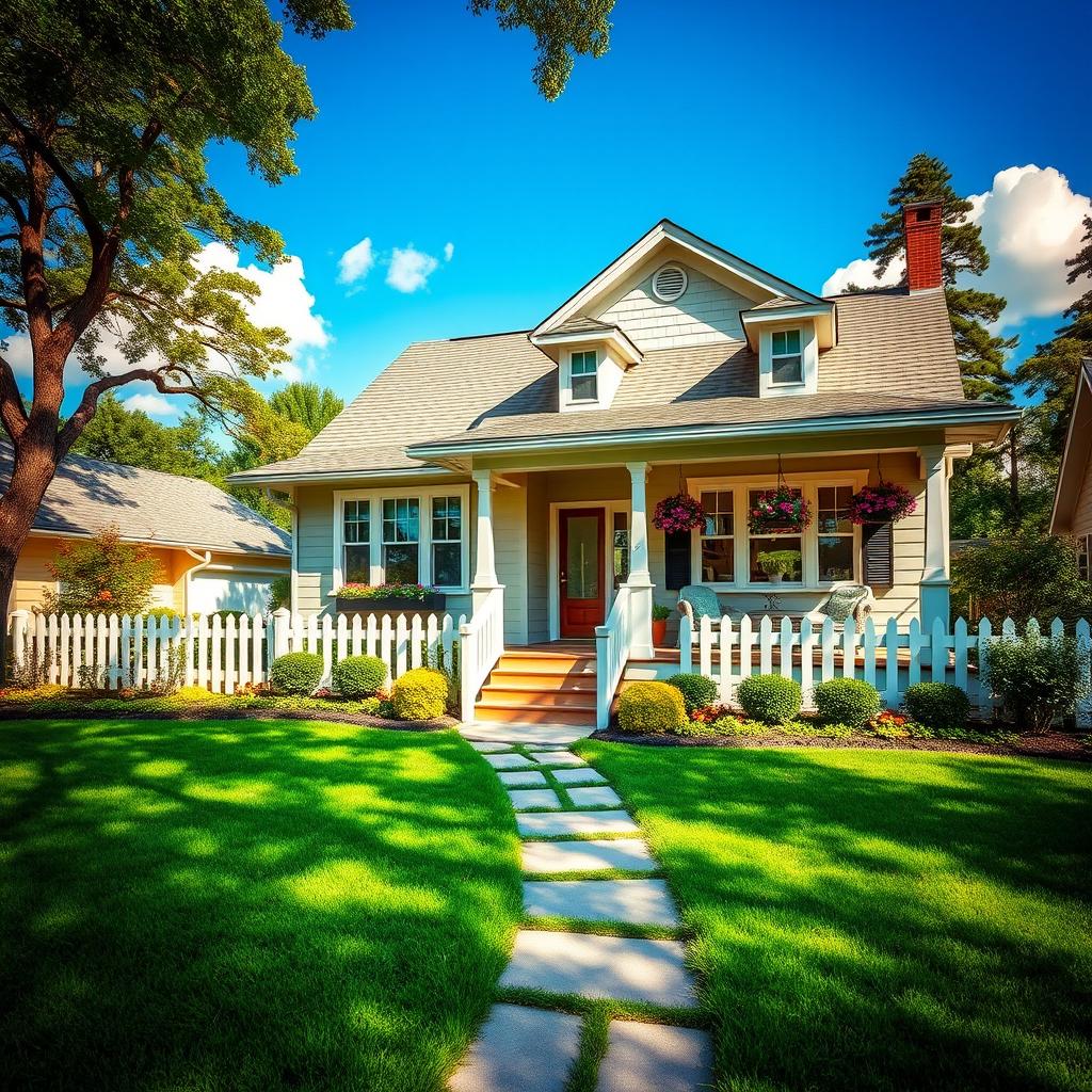 A cozy and inviting house showcasing a beautiful front yard, with lush green grass, colorful flower beds, and a white picket fence