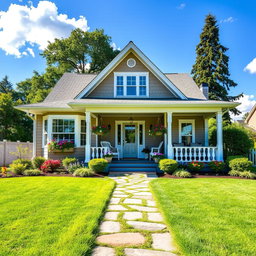 A cozy and inviting house showcasing a beautiful front yard, with lush green grass, colorful flower beds, and a white picket fence
