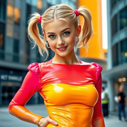 a fashionable blonde model with a petite frame and cute features, styled with playful pigtails, wearing a glossy latex outfit that hugs her curves in vibrant colors