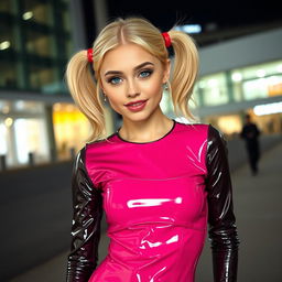 a fashionable blonde model with a petite frame and cute features, styled with playful pigtails, wearing a glossy latex outfit that hugs her curves in vibrant colors