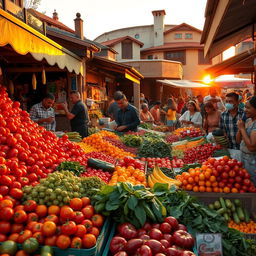 A vibrant and lively market scene showcasing a variety of colorful fruits and vegetables, with intricate patterns and textures