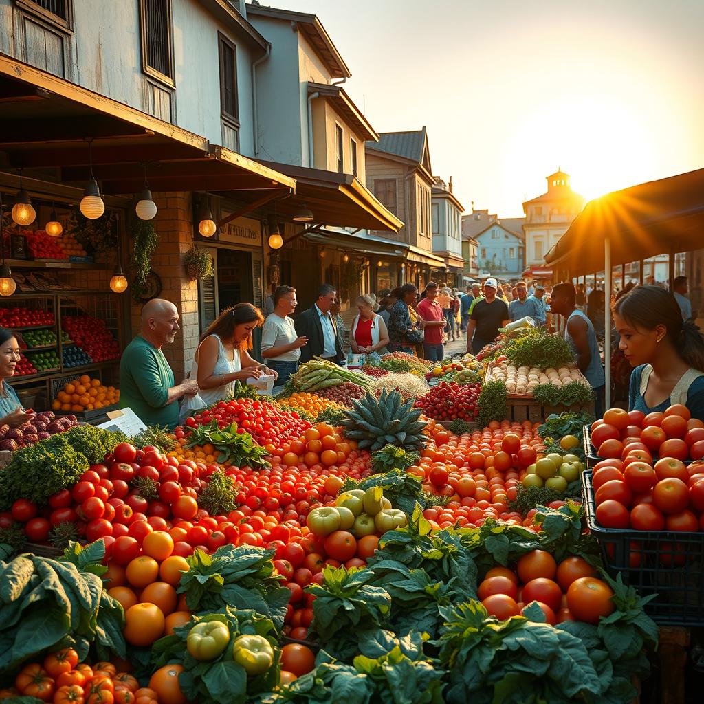A vibrant and lively market scene showcasing a variety of colorful fruits and vegetables, with intricate patterns and textures