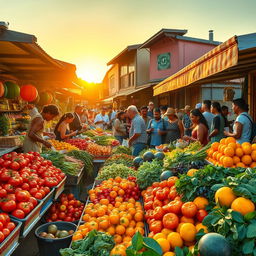 A vibrant and lively market scene showcasing a variety of colorful fruits and vegetables, with intricate patterns and textures