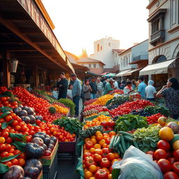A vibrant and lively market scene showcasing a variety of colorful fruits and vegetables, with intricate patterns and textures