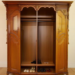 An intricately designed wooden wardrobe, spacious enough to contain clothing and shoes for two individuals.