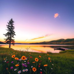 A serene landscape featuring a vivid sunset with hues of orange, pink, and purple reflecting on a calm lake