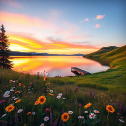 A serene landscape featuring a vivid sunset with hues of orange, pink, and purple reflecting on a calm lake