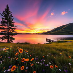 A serene landscape featuring a vivid sunset with hues of orange, pink, and purple reflecting on a calm lake