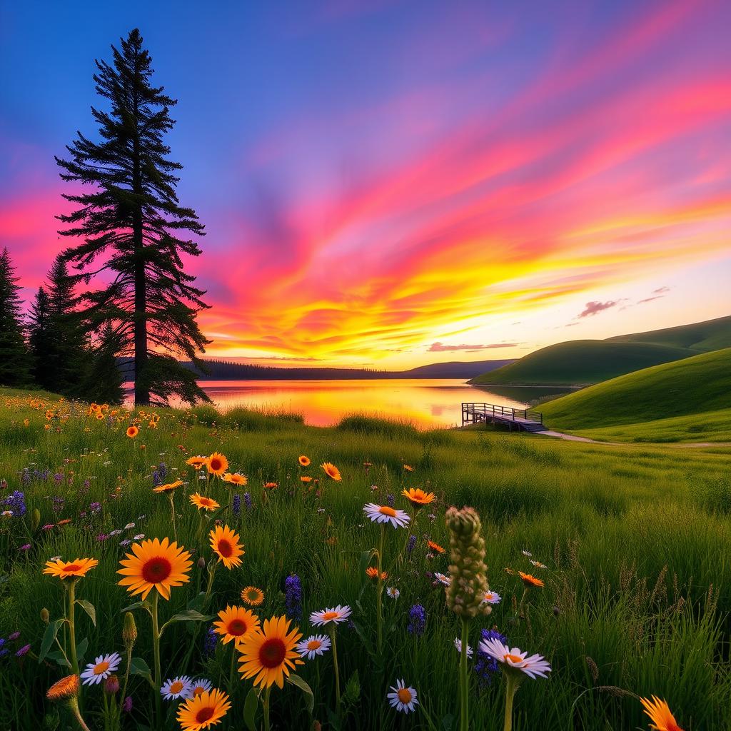 A serene landscape featuring a vivid sunset with hues of orange, pink, and purple reflecting on a calm lake