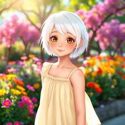 A girl with short, stylish white hair and kind, expressive eyes, standing in a vibrant outdoor setting