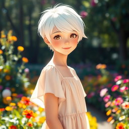 A girl with short, stylish white hair and kind, expressive eyes, standing in a vibrant outdoor setting