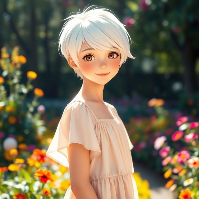 A girl with short, stylish white hair and kind, expressive eyes, standing in a vibrant outdoor setting