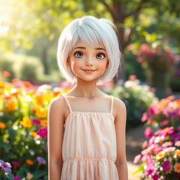A girl with short, stylish white hair and kind, expressive eyes, standing in a vibrant outdoor setting