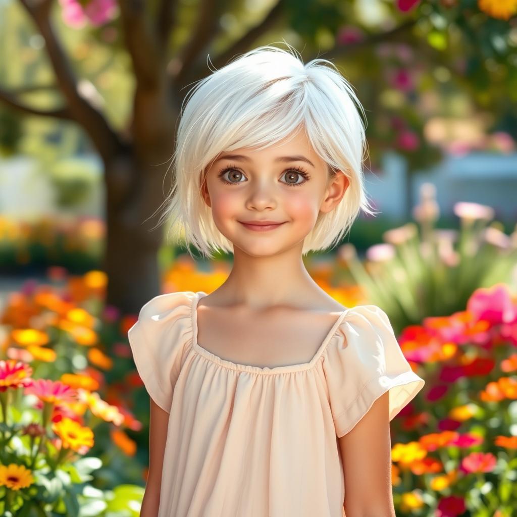 A girl with short, stylish white hair and kind, expressive eyes, standing in a vibrant outdoor setting