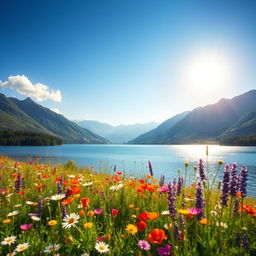 A serene, enchanting landscape featuring a tranquil lake surrounded by lush greenery and towering mountains under a clear blue sky
