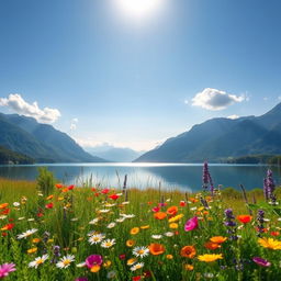 A serene, enchanting landscape featuring a tranquil lake surrounded by lush greenery and towering mountains under a clear blue sky